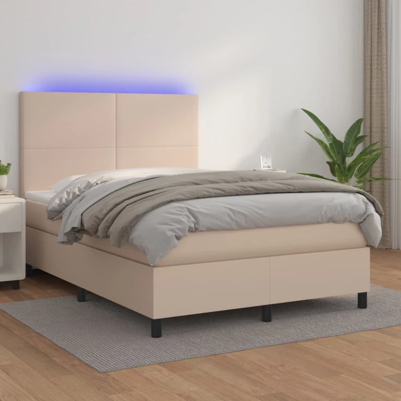 Κρεβάτι Boxspring Στρώμα&LED Καπουτσίνο 140x190 εκ. Συνθ. Δέρμα Καφέ 3135824