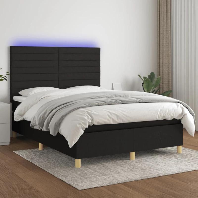 Κρεβάτι Boxspring με Στρώμα & LED Μαύρο 140x200 εκ. Υφασμάτινο Μαύρο 3135519