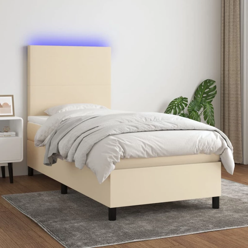Κρεβάτι Boxspring με Στρώμα & LED Κρεμ 90x190 εκ. Υφασμάτινο Κρεμ 3134682