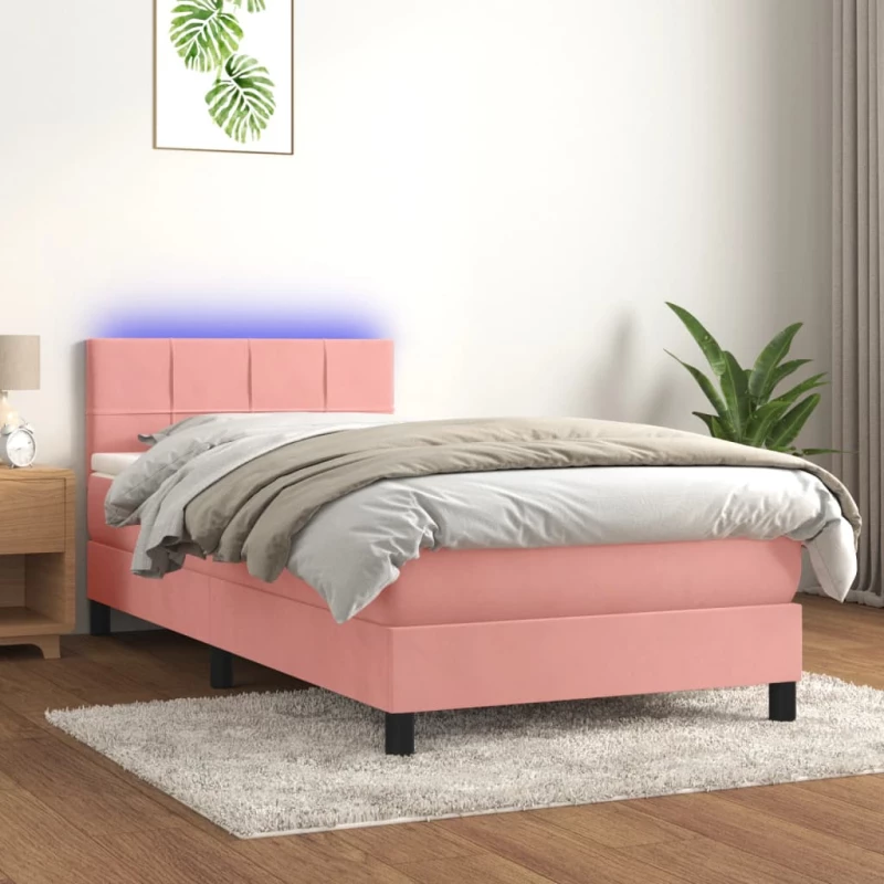 Κρεβάτι Boxspring με Στρώμα & LED Ροζ 90x200 εκ. Βελούδινο Ροζ 3134386