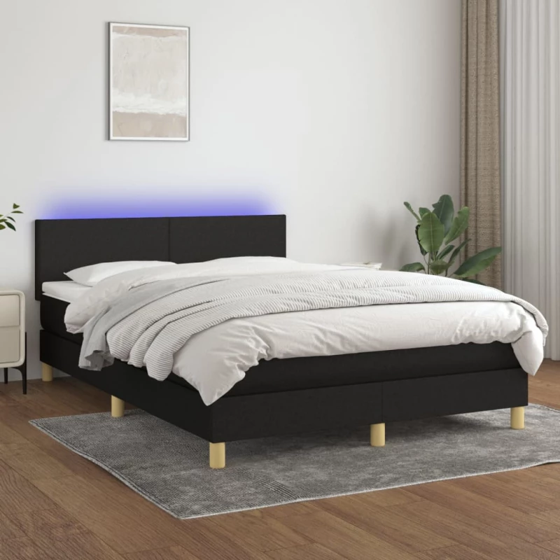 Κρεβάτι Boxspring με Στρώμα & LED Μαύρο 140x190 εκ. Υφασμάτινο Μαύρο 3133551