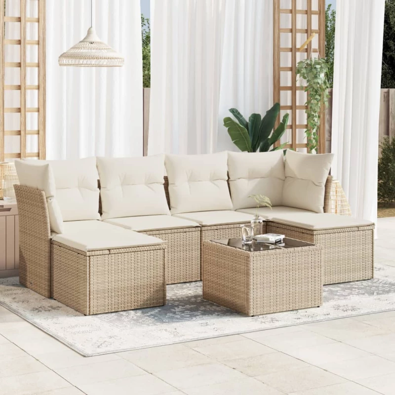 Σαλόνι Κήπου Σετ 7 τεμ. Μπεζ Συνθετικό Ρατάν με Μαξιλάρια Μπεζ 3249857