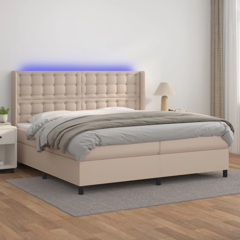 Κρεβάτι Boxspring Στρώμα&LED Καπουτσίνο 200x200 εκ. Συνθ. Δέρμα Καφέ 3139408