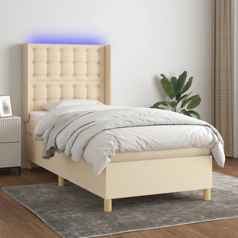 Κρεβάτι Boxspring με Στρώμα & LED Κρεμ 90x190 εκ. Υφασμάτινο Κρεμ 3139162