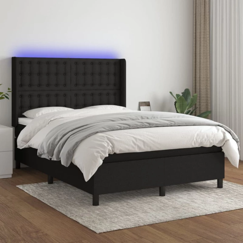 Κρεβάτι Boxspring με Στρώμα & LED Μαύρο 140x190 εκ. Υφασμάτινο Μαύρο 3138631