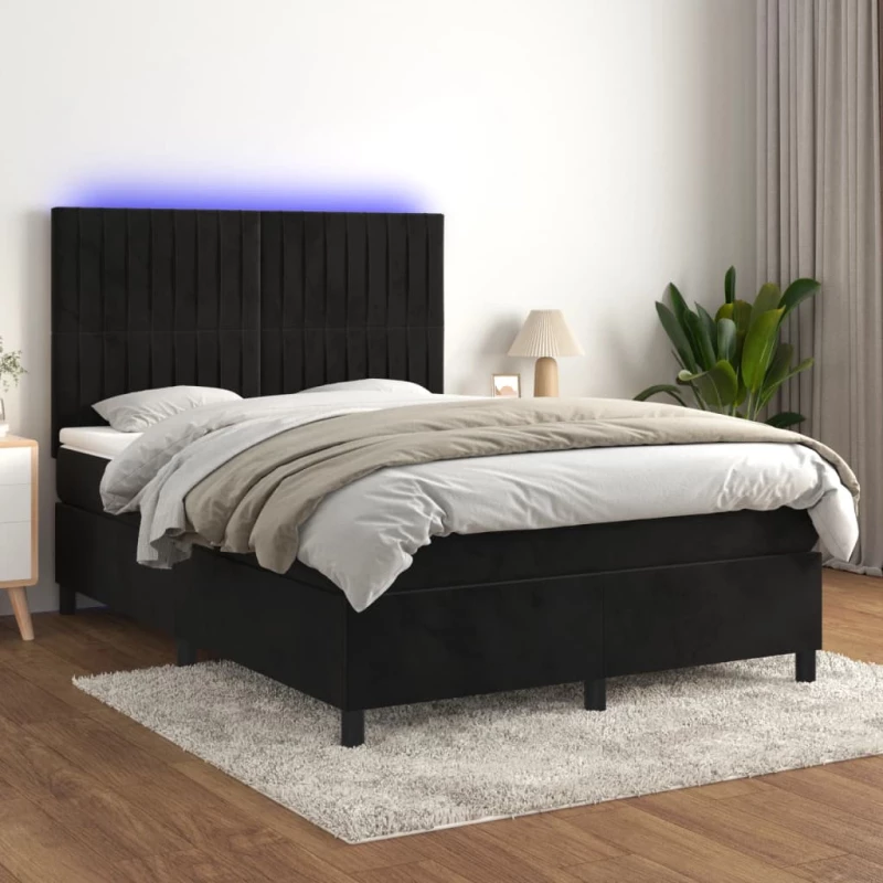 Κρεβάτι Boxspring με Στρώμα & LED Μαύρο 140x200 εκ. Βελούδινο Μαύρο 3136247