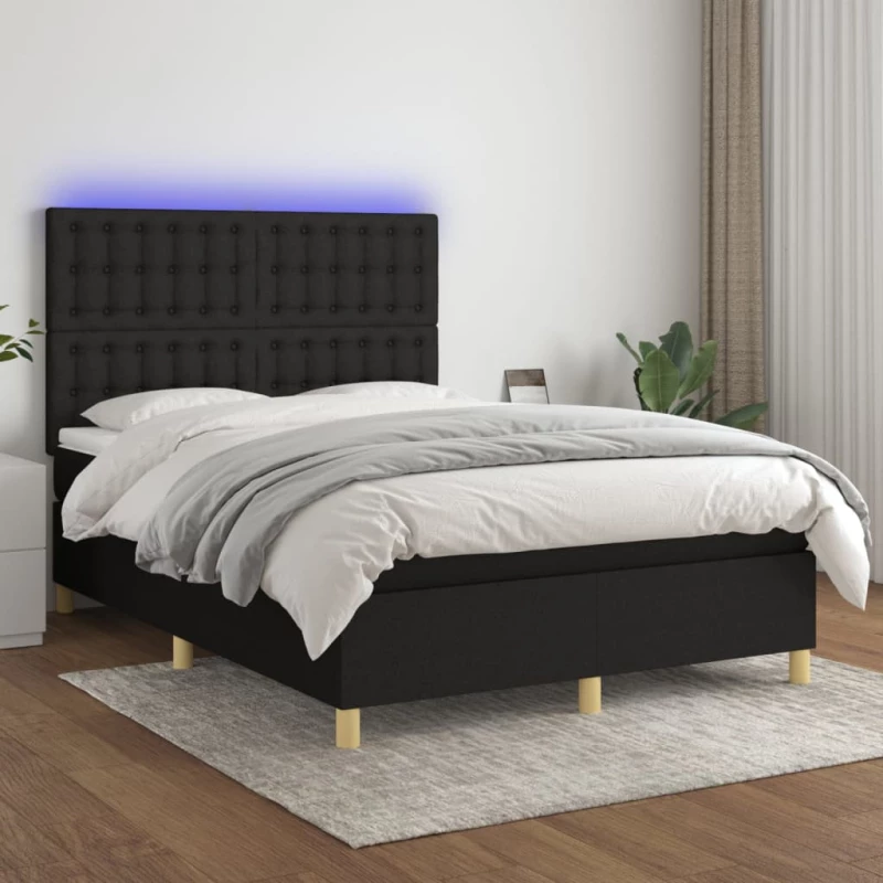 Κρεβάτι Boxspring με Στρώμα & LED Μαύρο 140x200 εκ. Υφασμάτινο Μαύρο 3135759