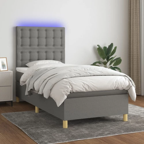 Κρεβάτι Boxspring με Στρώμα & LED Σκ.Γκρι 90x190 εκ. Υφασμάτινο Γκρι 3135718