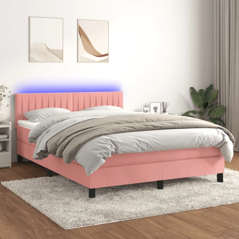 Κρεβάτι Boxspring με Στρώμα & LED Ροζ 140x200 εκ. Βελούδινο Ροζ 3134530