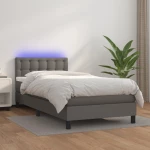 Κρεβάτι Boxspring με Στρώμα & LED Γκρι 90x200 εκ. Συνθ. Δέρμα Γκρι 3134205