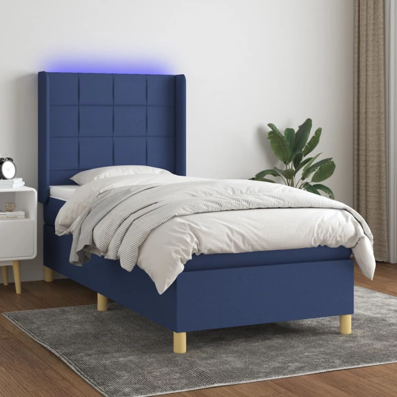 Κρεβάτι Boxspring με Στρώμα & LED Μπλε 90x190 εκ. Υφασμάτινο Μπλε 3138843