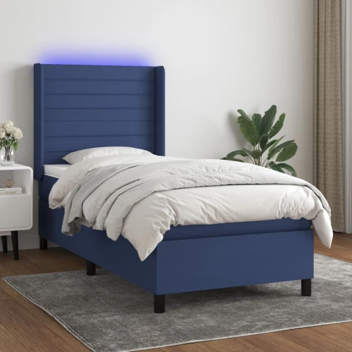 Κρεβάτι Boxspring με Στρώμα & LED Μπλε 90x190 εκ. Υφασμάτινο Μπλε 3138363