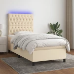 Κρεβάτι Boxspring με Στρώμα & LED Κρεμ 90x200 εκ. Υφασμάτινο Κρεμ 3135090