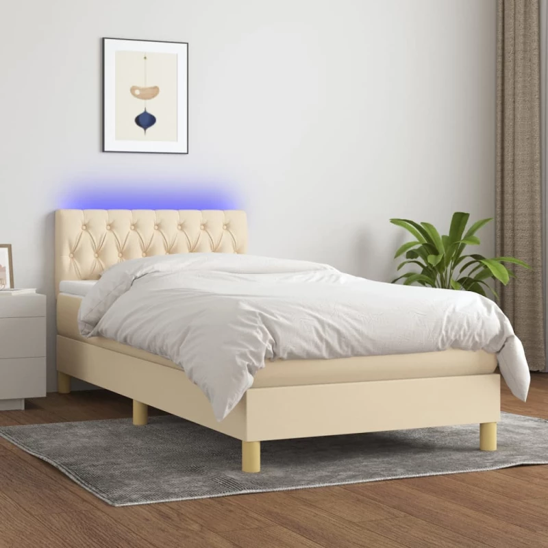 Κρεβάτι Boxspring με Στρώμα & LED Κρεμ 100x200 εκ. Υφασμάτινο Κρεμ 3133938