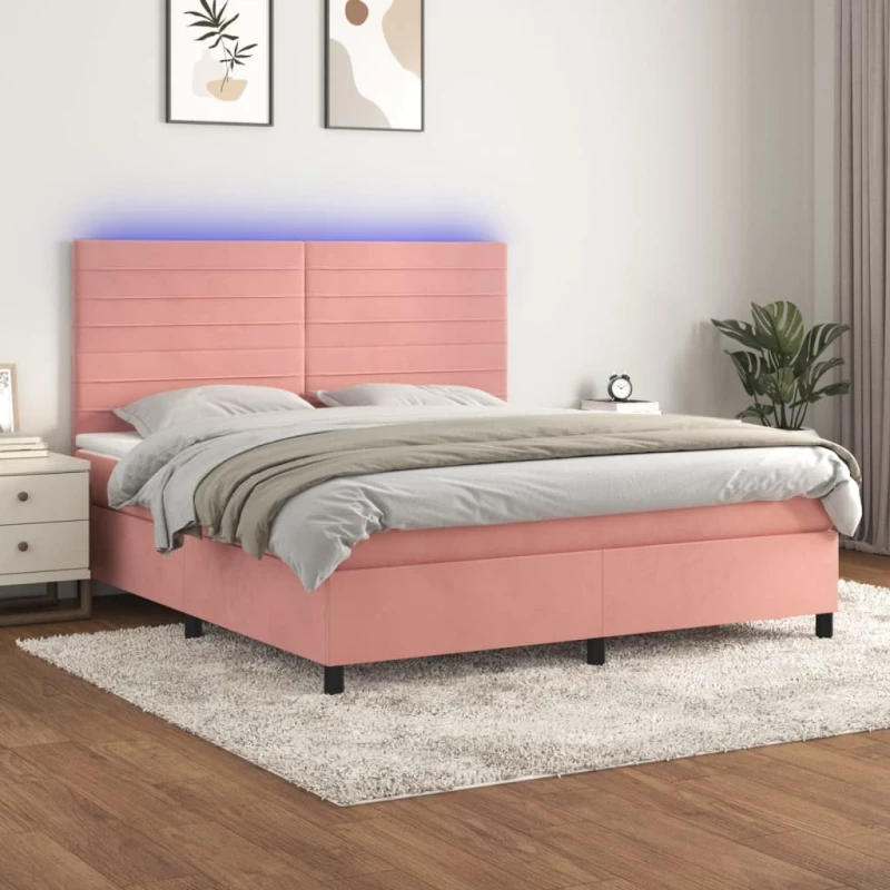 Κρεβάτι Boxspring με Στρώμα & LED Ροζ 180x200 εκ. Βελούδινο Ροζ 3136202