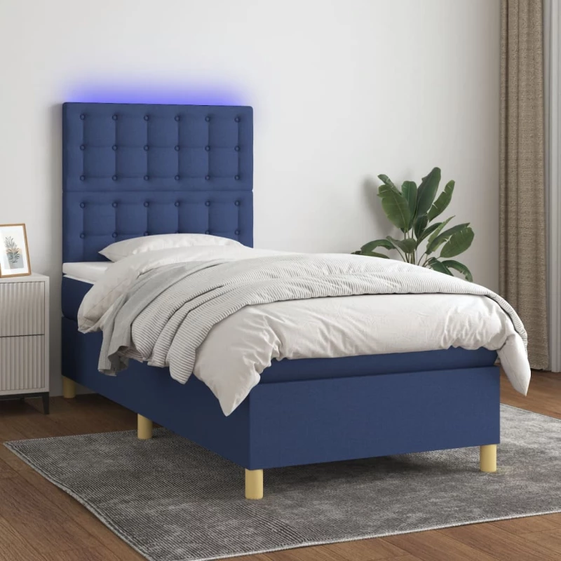 Κρεβάτι Boxspring με Στρώμα & LED Μπλε 100x200 εκ. Υφασμάτινο Μπλε 3135739