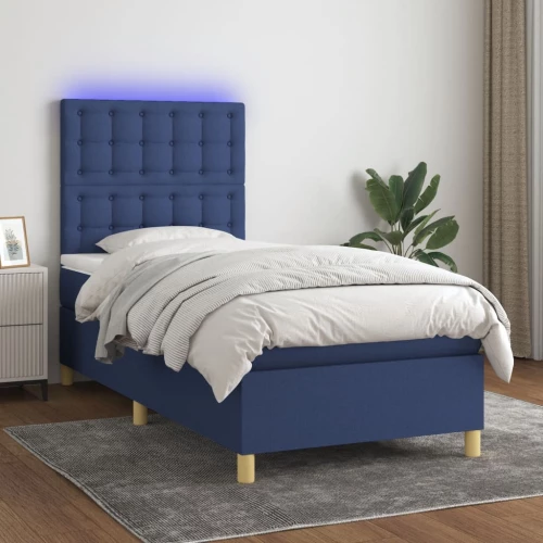 Κρεβάτι Boxspring με Στρώμα & LED Μπλε 100x200 εκ. Υφασμάτινο Μπλε 3135739