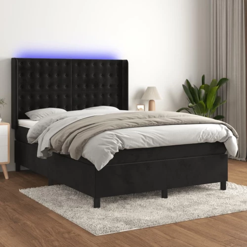 Κρεβάτι Boxspring με Στρώμα & LED Μαύρο 140x190 εκ. Βελούδινο Μαύρο 3139801