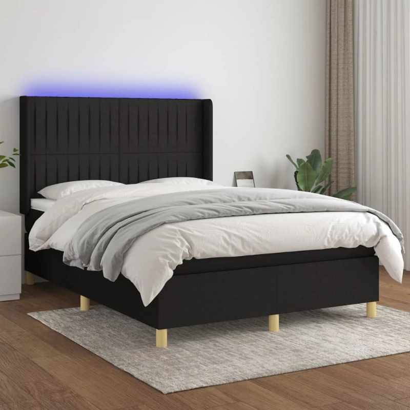 Κρεβάτι Boxspring με Στρώμα & LED Μαύρο 140x200 εκ. Υφασμάτινο Μαύρο 3139039