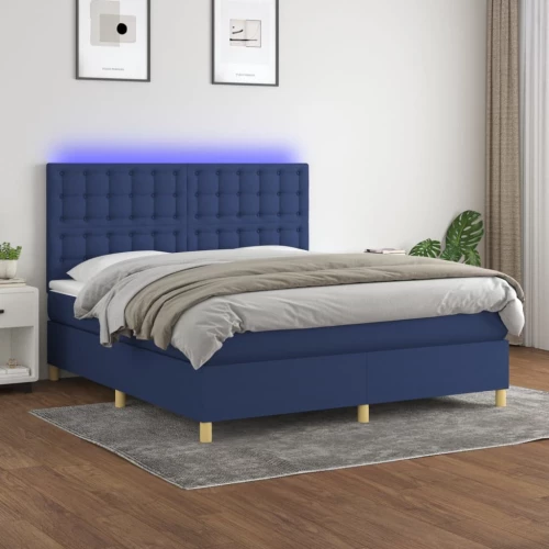 Κρεβάτι Boxspring με Στρώμα & LED Μπλε 160x200 εκ. Υφασμάτινο Μπλε 3135771