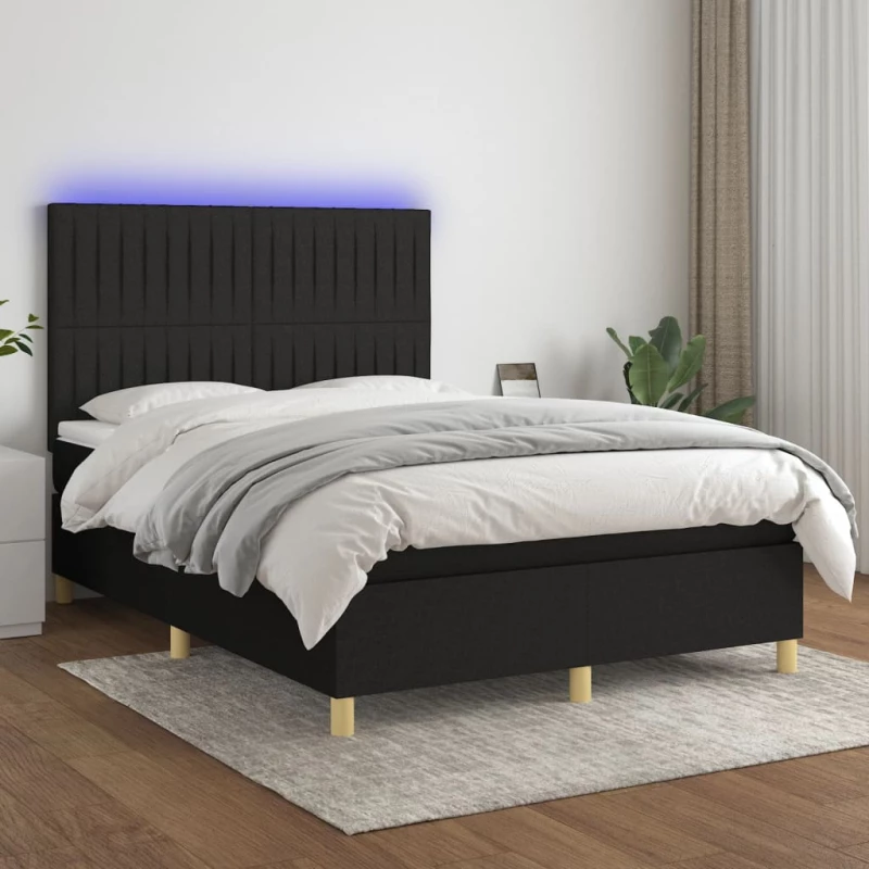 Κρεβάτι Boxspring με Στρώμα & LED Μαύρο 140x190 εκ. Υφασμάτινο Μαύρο 3135591