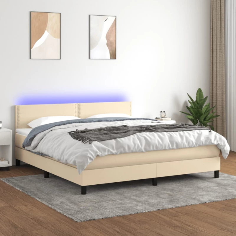 Κρεβάτι Boxspring με Στρώμα & LED Κρεμ 180x200 εκ. Υφασμάτινο Κρεμ 3133098