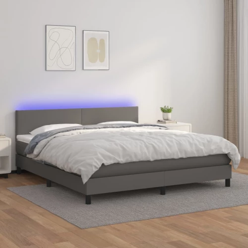 Κρεβάτι Boxspring με Στρώμα & LED Γκρι 160x200 εκ. Συνθ. Δέρμα Γκρι 3134115