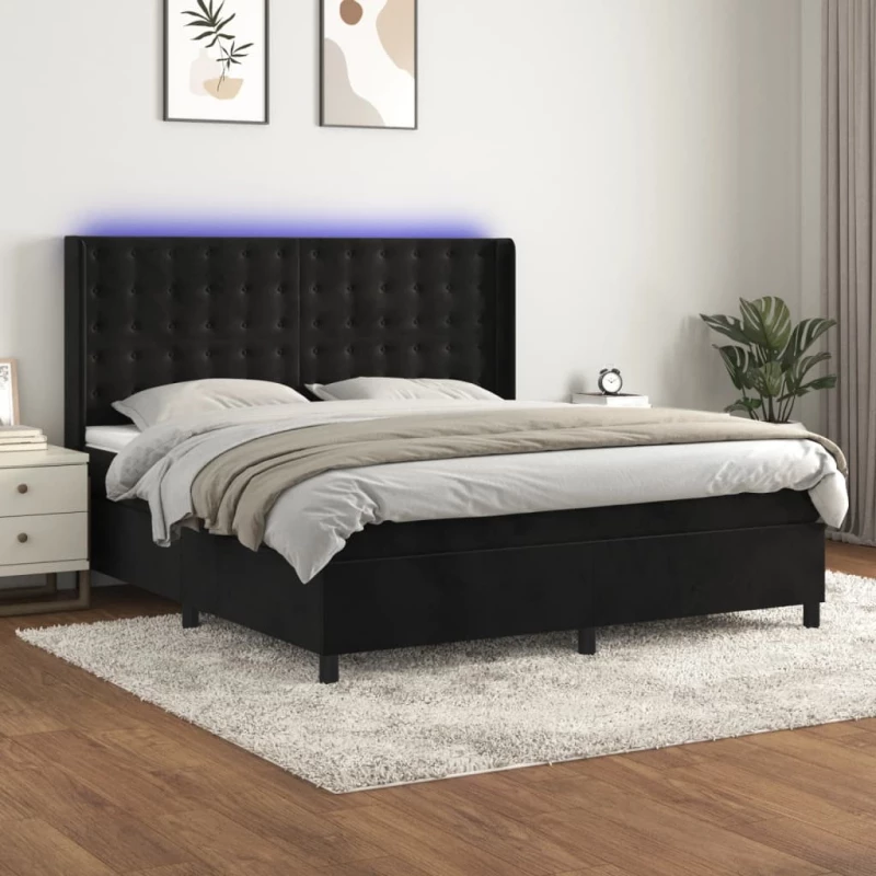Κρεβάτι Boxspring με Στρώμα & LED Μαύρο 180x200 εκ. Βελούδινο Μαύρο 3139819
