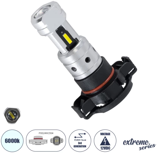 GloboStar® 81508 Λάμπα Αυτοκινήτου & Μοτοσυκλέτας LED PXS24W/2504 3rd Generation Can-Bus Extreme Series 5xSMD1860 CSP 8.5W 1200lm 360° DC 12V IP20 - Μ4 x Π2.8 x Υ6cm Μαύρο - Ψυχρό Λευκό 6000K -