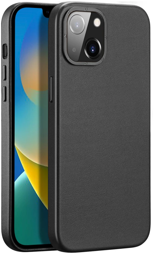 Dux Ducis Grit Leather Case for iPhone 14 Plus Elegant Faux Leather Cover (MagSafe Compatible) Black
