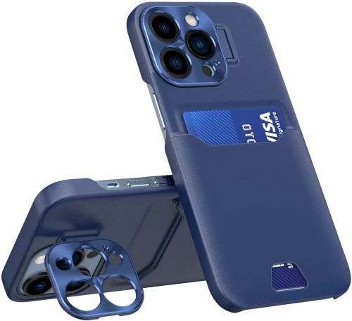 Leather Stand Case for iPhone 14 Pro Max cover card wallet with stand blue