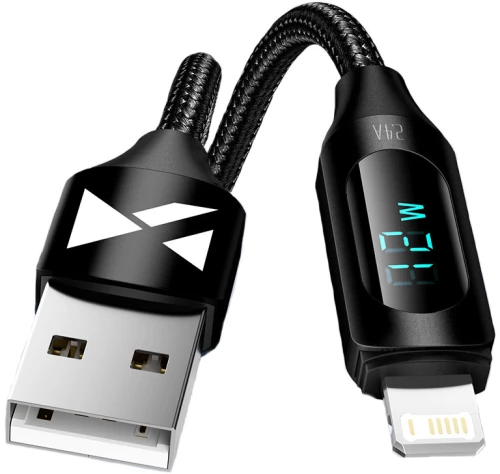 USB-A Cable - Lightning Wozinsky WUALC1 with LED Display 2.4A 1m - Black
