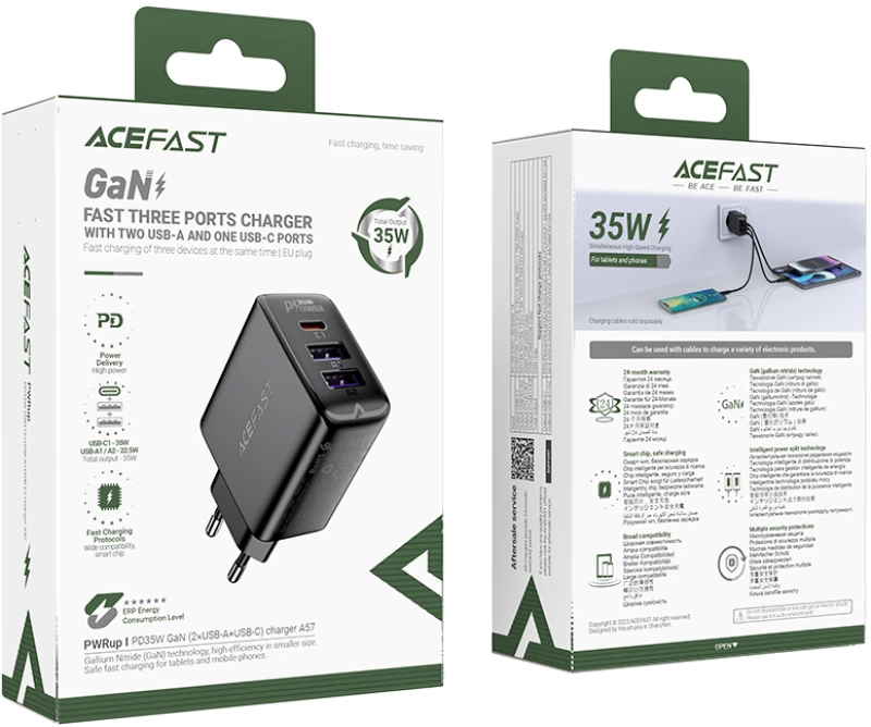 Acefast A57 PD 35W GaN charger 2 x USB-A + USB-C with 3 ports - black