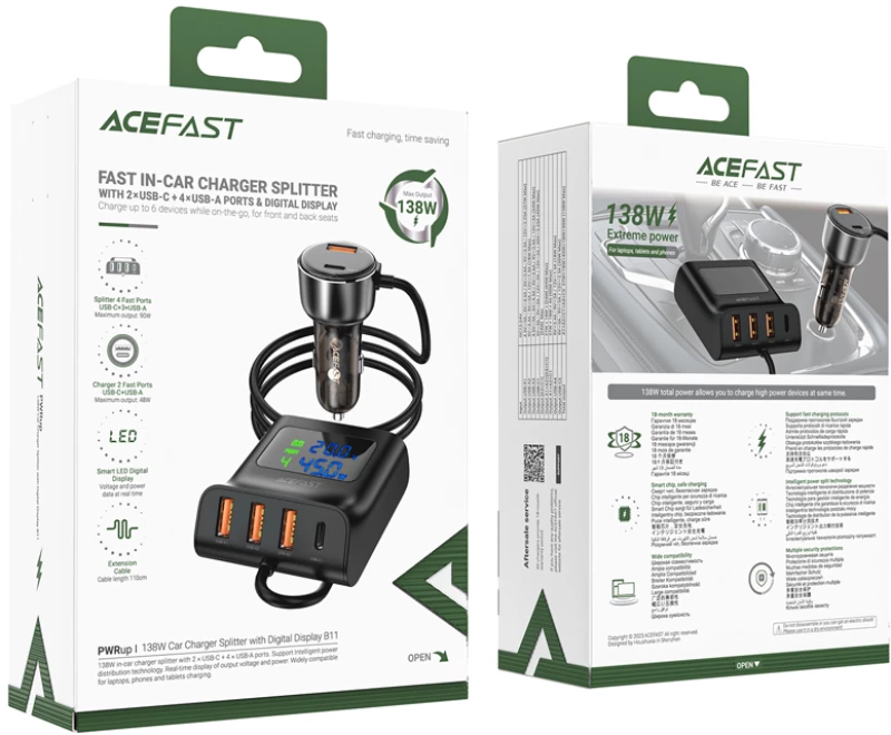 Acefast B11 138W USB-A USB-C Car Charger with 6 Ports - Black