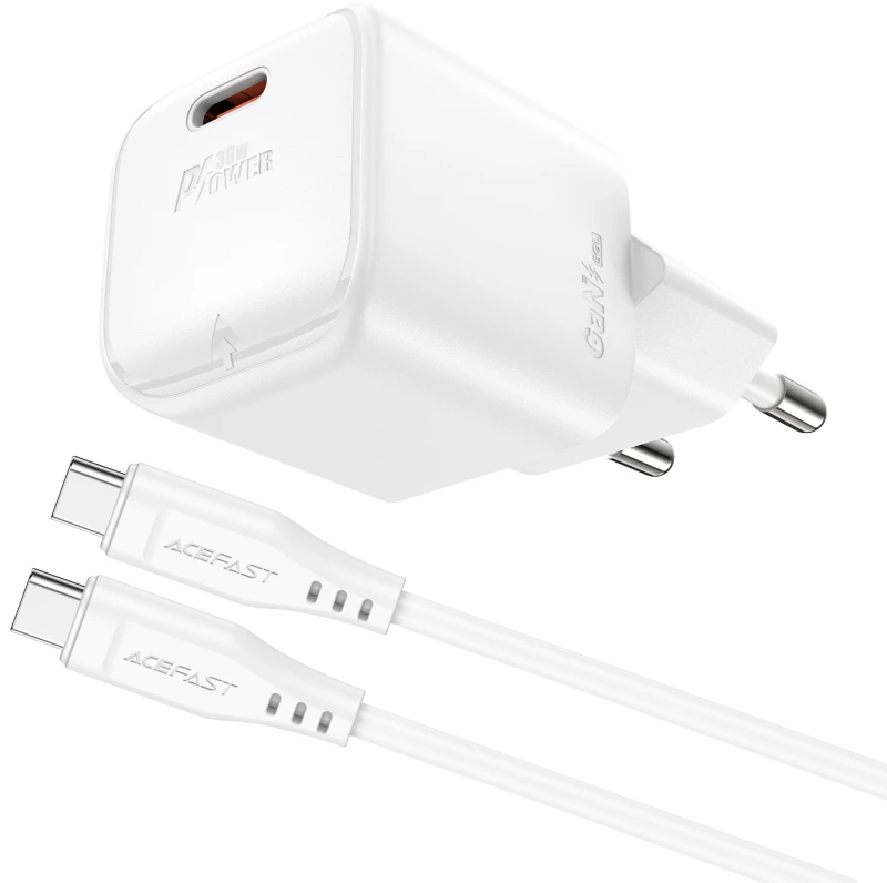 Acefast A77 Mini PD 30W GaN wall charger + USB-C cable - white