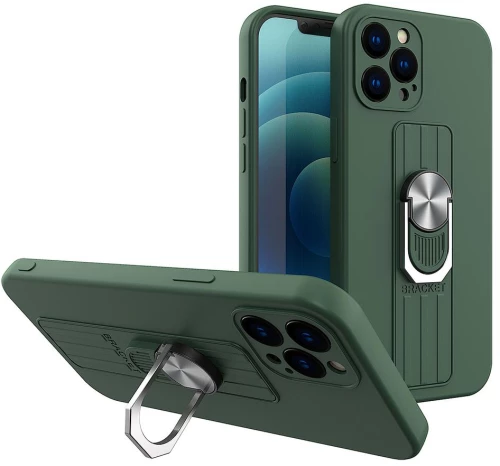 Ring Case silicone case with finger grip and stand for Samsung Galaxy A22 4G dark green