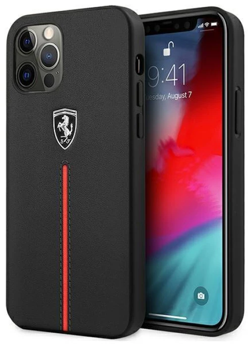 Ferrari FEOMSHCP12LBK iPhone 12 Pro Max black hardcase Off Track Leather Nylon Stripe