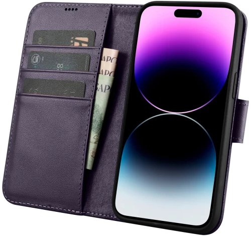 iCarer Wallet Case 2in1 Cover iPhone 14 Pro Anti-RFID Leather Flip Case Dark Purple (WMI14220726-DP)
