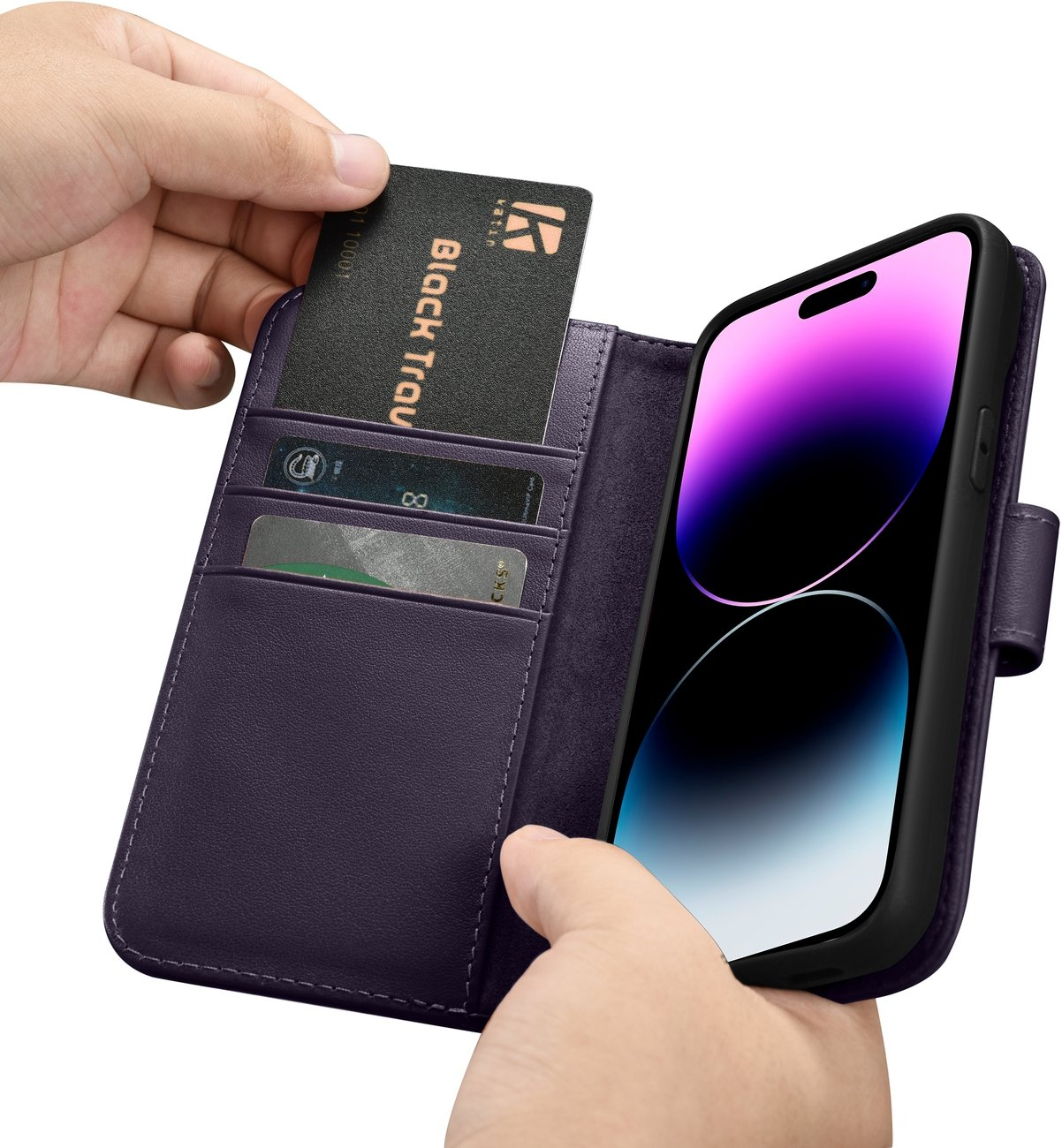 iCarer Wallet Case 2in1 Cover iPhone 14 Pro Anti-RFID Leather Flip Case Dark Purple (WMI14220726-DP)