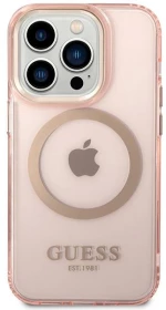 Guess GUHMP14XHTCMP iPhone 14 Pro Max 6.7" pink/pink hard case Gold Outline Translucent MagSafe