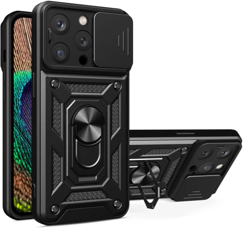 Armor Camshield Case with Stand and Camera Cover for iPhone 15 Pro Max Hybrid Armor Camshield - Black
