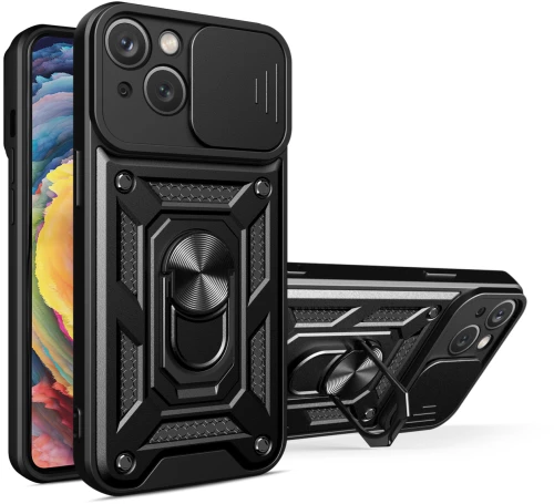 Hybrid Armor Camshield Case with Stand and Camera Cover for iPhone 15 Plus - Black