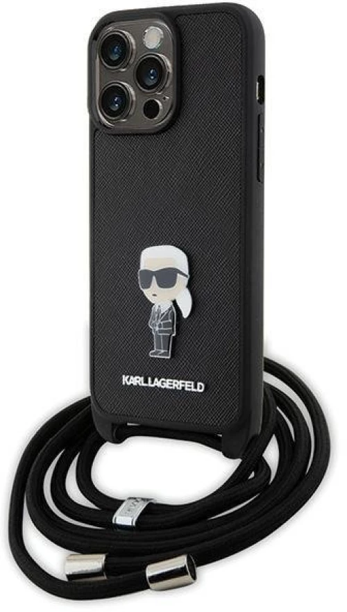 Karl Lagerfeld Crossbody Saffiano Monogram Metal Pin Karl & Choupette Case for iPhone 15 Pro Max - Black