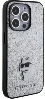 Karl Lagerfeld Fixed Glitter Choupette Logo Metal Pin Case for iPhone 15 Pro - Silver