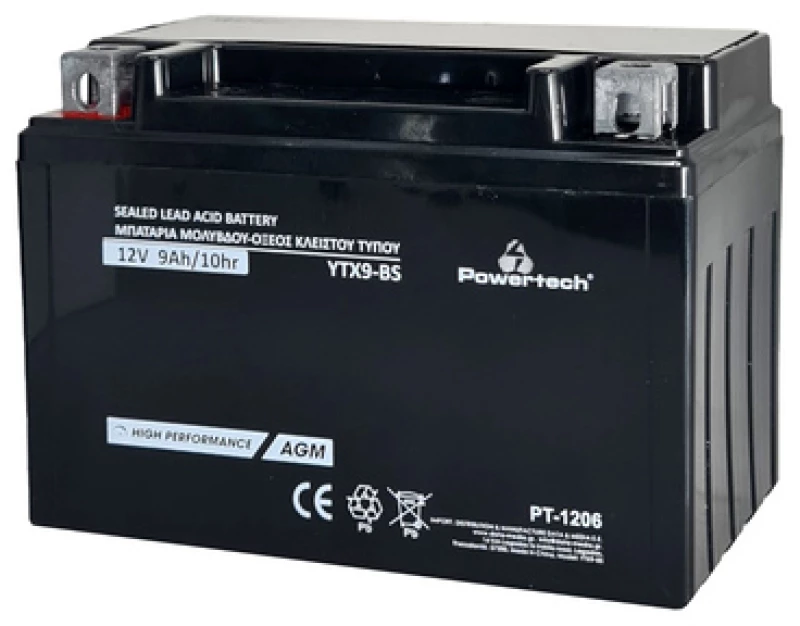 POWERTECH μπαταρία μολύβδου μοτοσυκλέτας PT-1206, 12V 9Ah, AGM, YTX9-BS