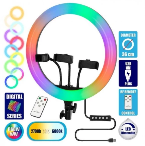 Professional Digital Ring Light Φ36cm LED SMD 50W 5000lm USB RGBW+WW Dimmable 75803 Globostar 75803