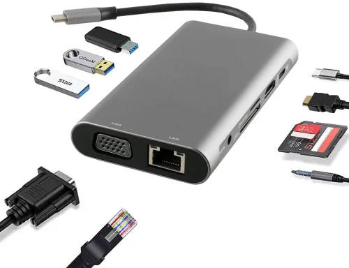 NSP N17 10 IN 1 USB-C HUB TYPE C TO VGA WITH AUDIO/RJ45 1000Mbps/PD 60W/SDXC/SD 3.0/USB 3.0 X3/ HDMI 4K ALU GREY