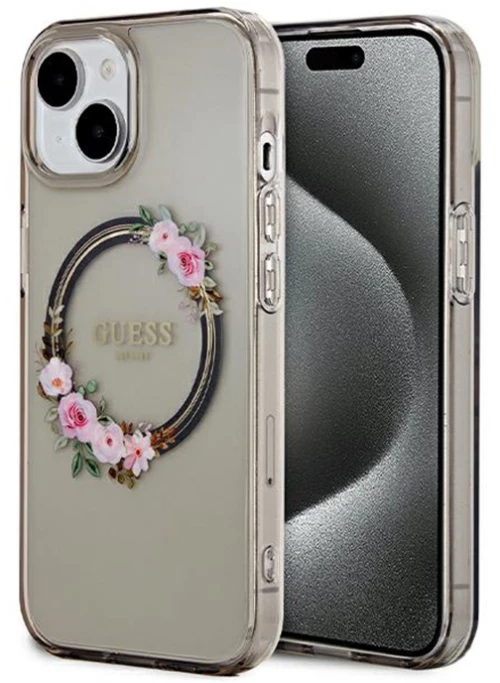 Guess IML Flowers Wreath MagSafe - Case iPhone 15 (Black)