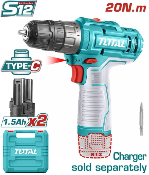 TOTAL Δραπανοκατσάβιδο μπαταρίας Li-ion 12V / 1.5Ah / 20Nm / 2 μπαταρίες Type C (TDLI12202)