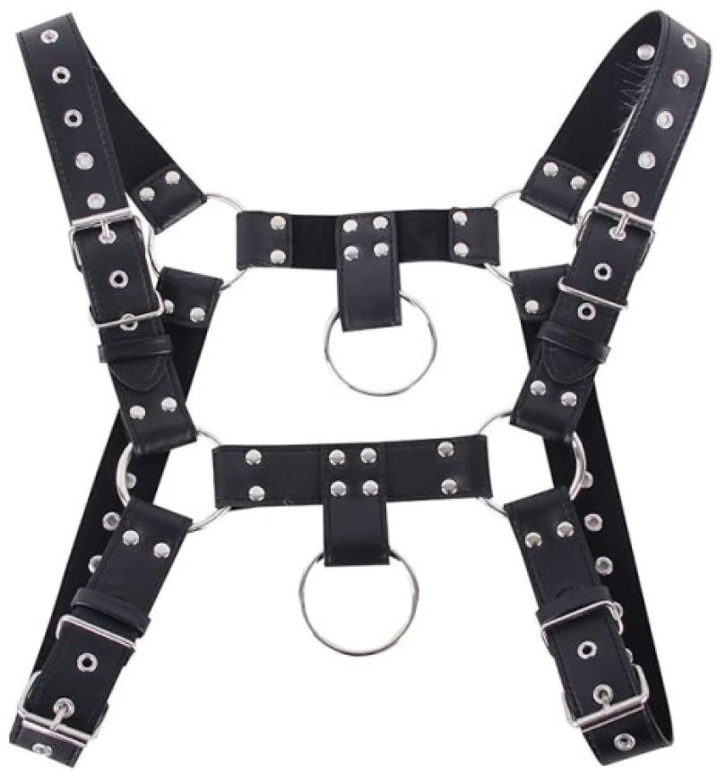 Black adjustable leather chest Harness with buckle strap O-rings